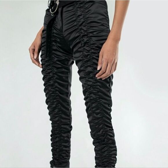 Akira Bow Down Ruched Satin Pants- Black - Picture 2 of 8